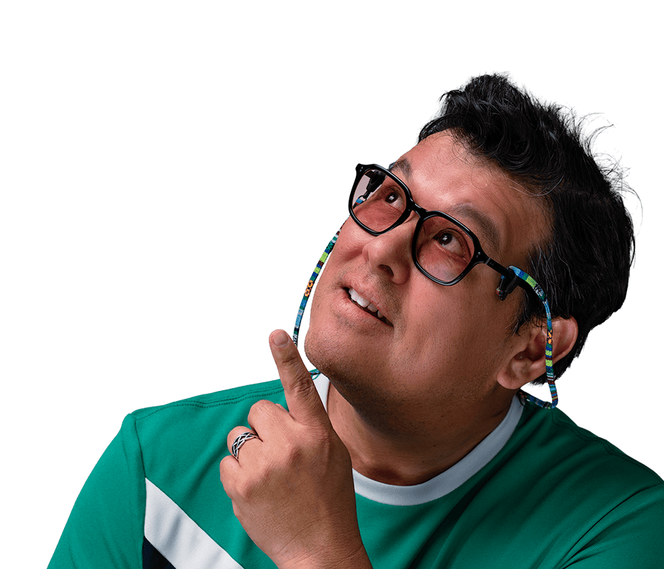 A playful image of the founder pointing upward
