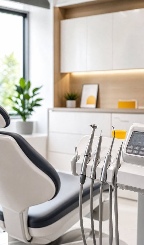 A dental drill is placed near a medical chair in a bright room of a modern clinic