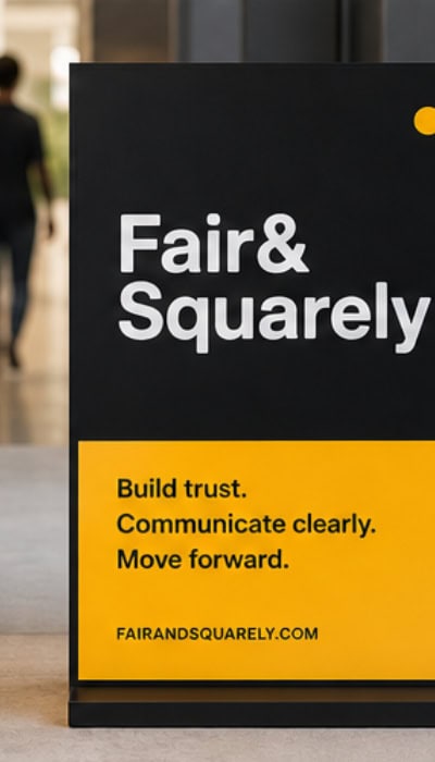 Event banner for Fair & Squarely stating Build Trust, Communicate Clearly, Move Forward